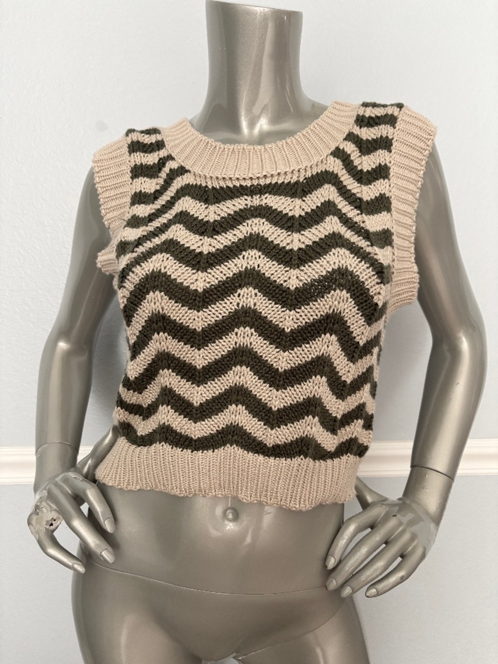 Agua Bendita Top Emory Ete Tan & Olive Green Chunky Knit Crop Nwt Large L